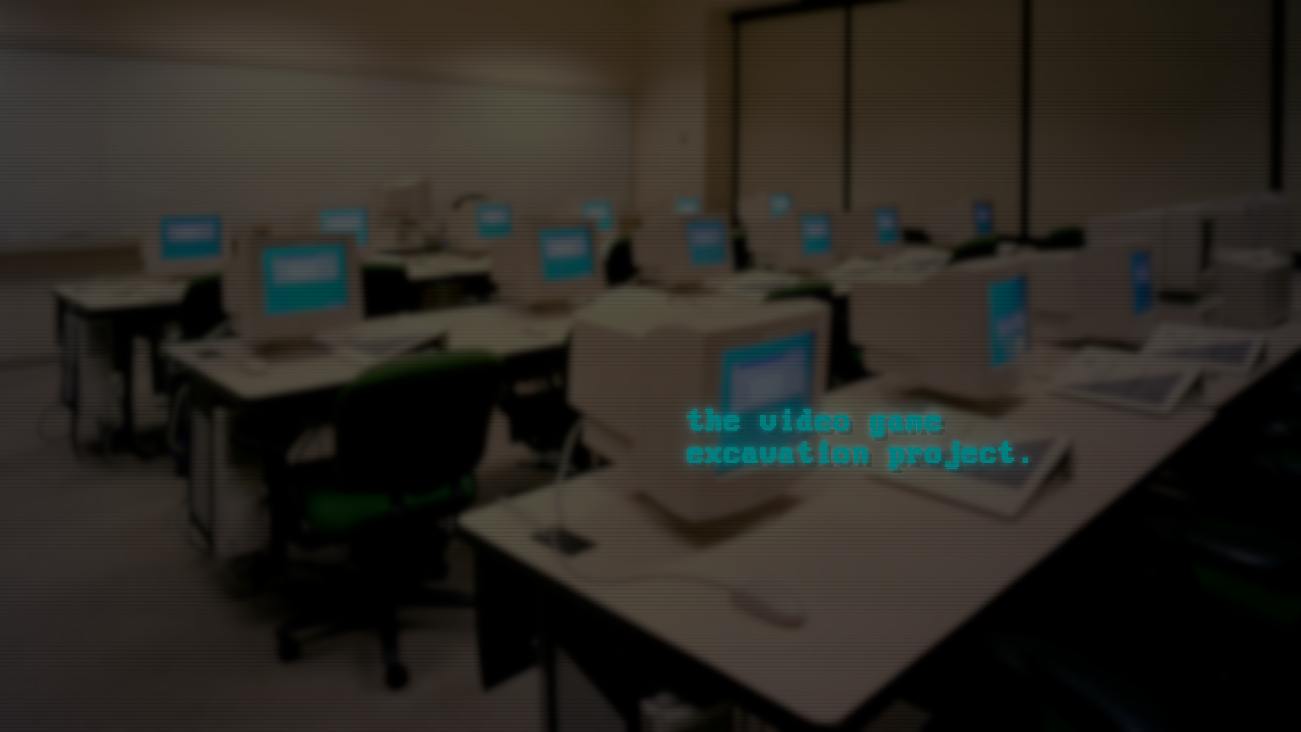 The Video Game Excavation Project: cyan pixel lettering over a vintage computer training room.