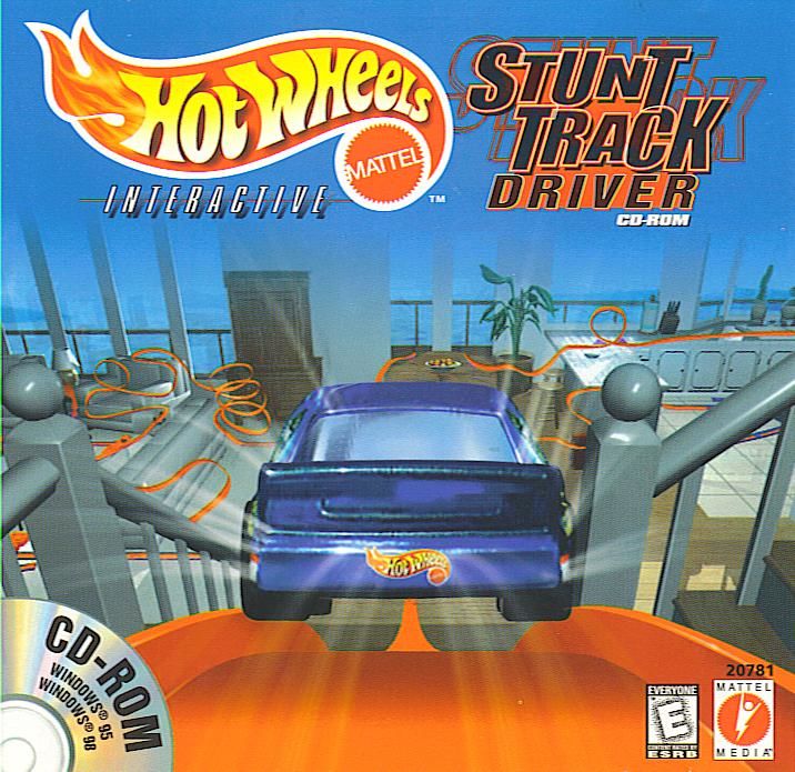 Mattel Media CD-ROM cover: a blue car on orange track, Windows 95 and Windows 98 text, ESRB Everyone and product number 20781.